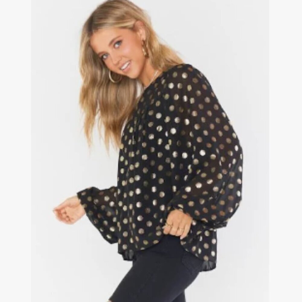 SHOW ME YOUR MUMU Long Sleeve Black Top Gold Polka Dot Bishop Sleeves Size M